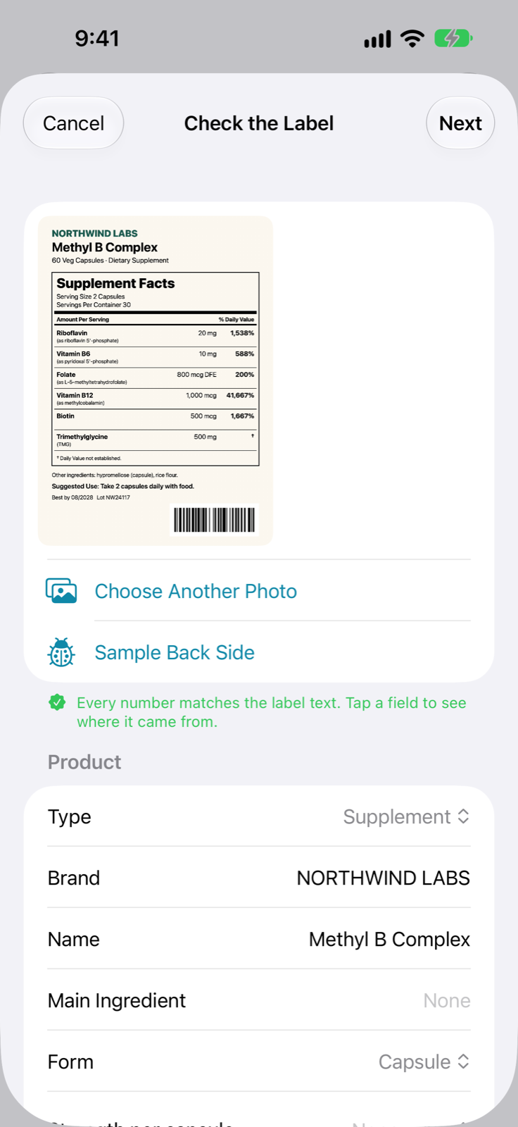Checking a scanned supplement label, with each number matched to the label text