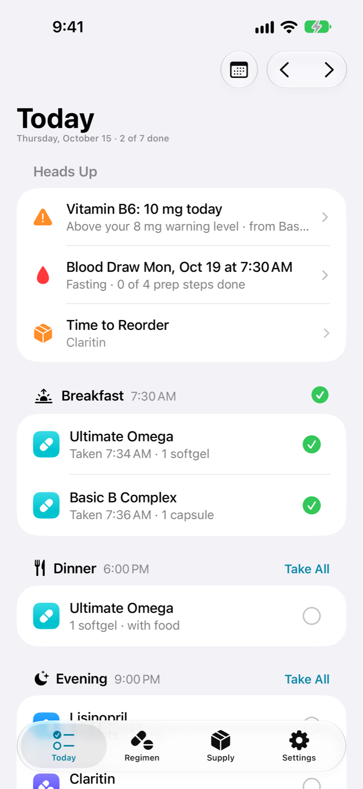 Today: doses grouped by breakfast, dinner, and evening, with Take All buttons